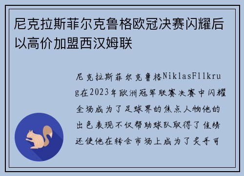 尼克拉斯菲尔克鲁格欧冠决赛闪耀后以高价加盟西汉姆联 尼克拉斯菲尔克鲁格欧冠决赛闪耀后以高价加盟西汉姆联